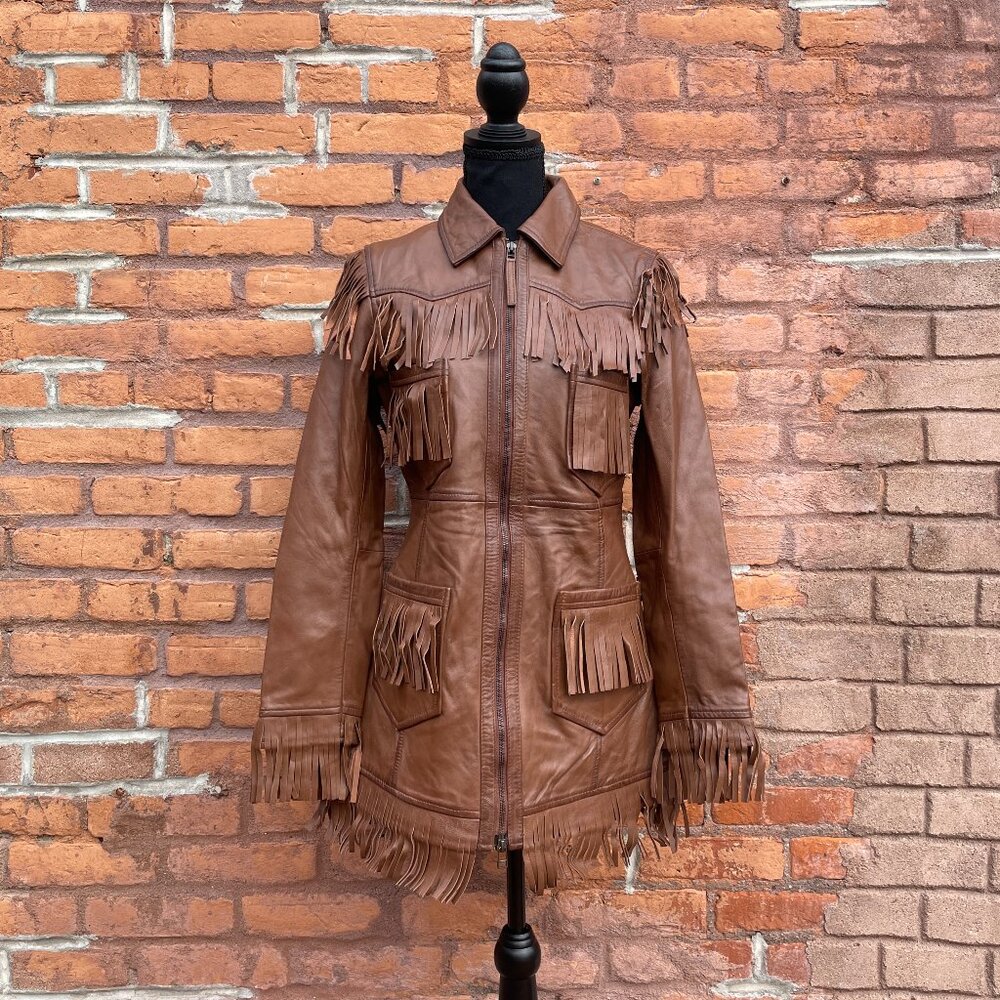 [SOLD on eBay] Sundance Leather Fringe Brown Western Jacket Petite